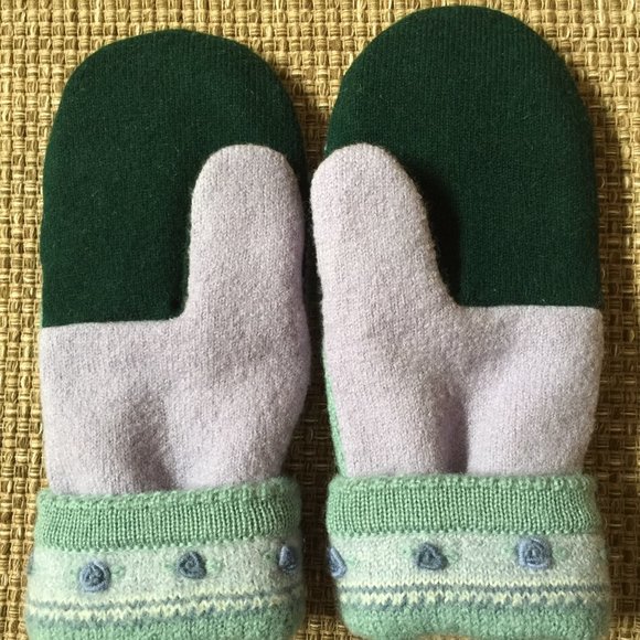 Felted Wool Handcrafted Mittens from Soft Green/Lavendar Embroidered Sweater - Picture 3 of 4